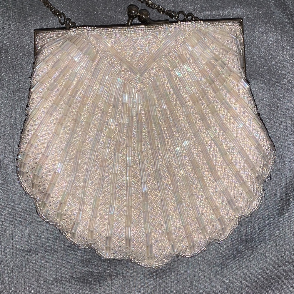 Valerie Stephens beaded evening shoulder bag or clutch. Off white & silver. NWOT